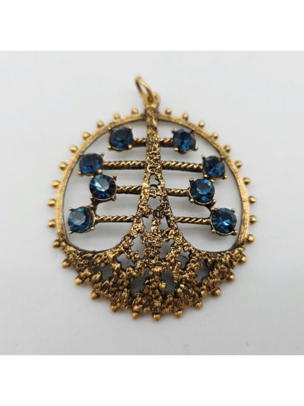 Gold Tone Filigree Pendant 8 Blue Rhinestones & Nuggets 1970s Vintage 2"